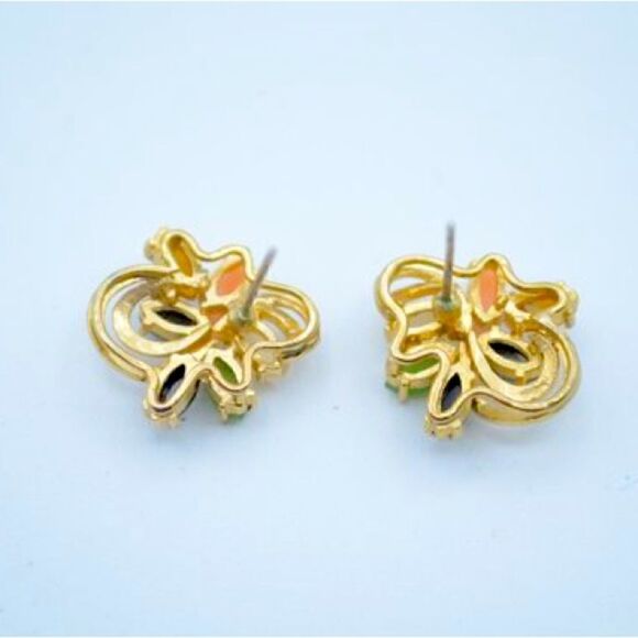 Stud Gold Tone Earrings with Central Motif of Colorful Gemstones. - Picture 2 of 3